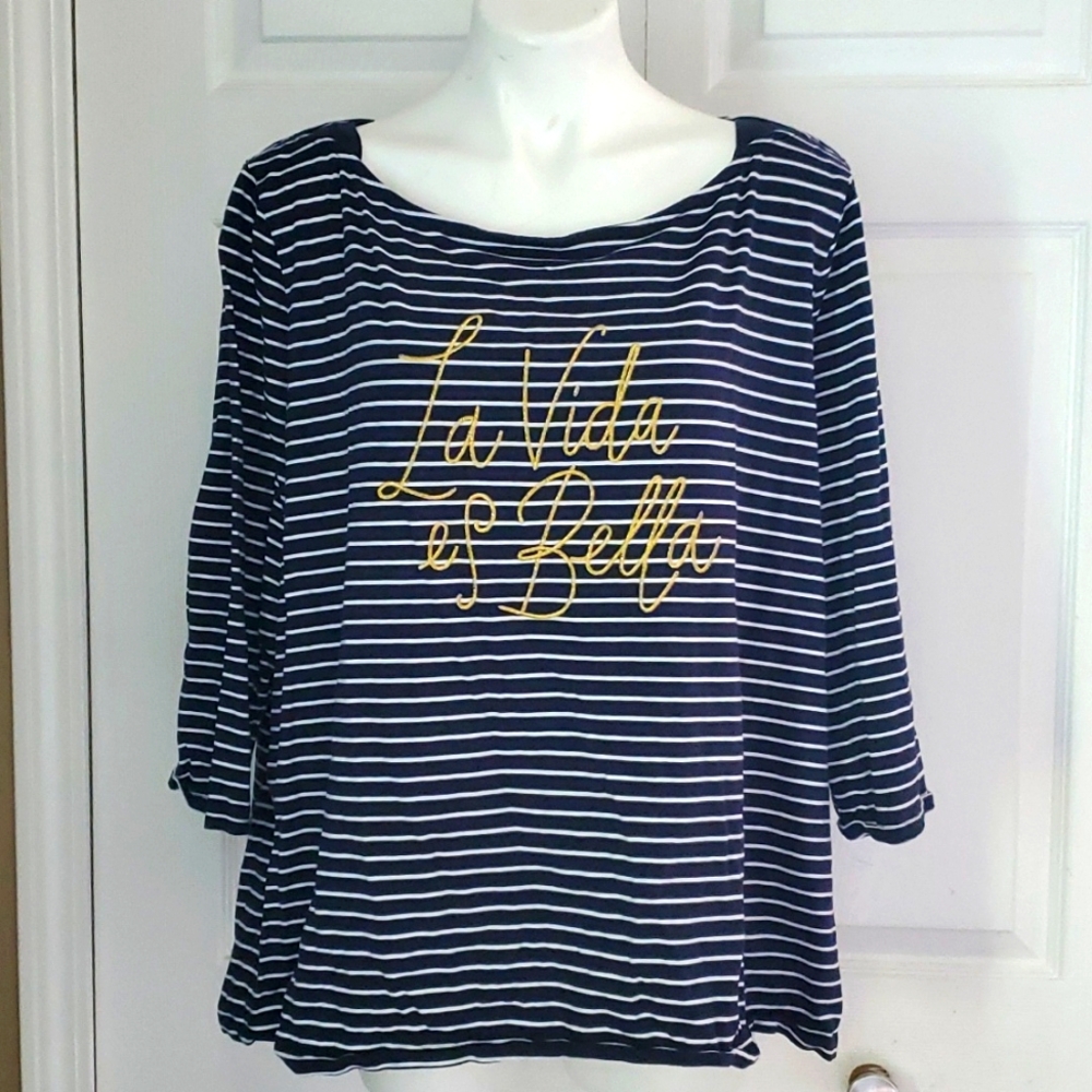 A New Day "La Vida El Bella" Women's Stripes Blue/White 3/4 Sleeve Blouse - 4X